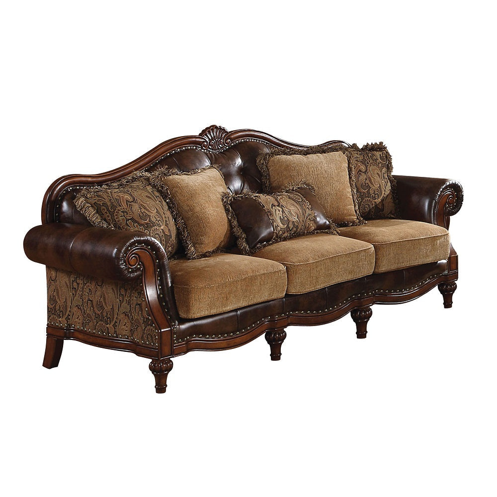 ACME Dreena Two Tone Brown Synthetic Leather & Chenille Sofa with 5 Pillows Model 05495