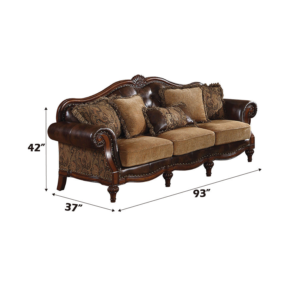 ACME Dreena Two Tone Brown Synthetic Leather & Chenille Sofa with 5 Pillows Model 05495