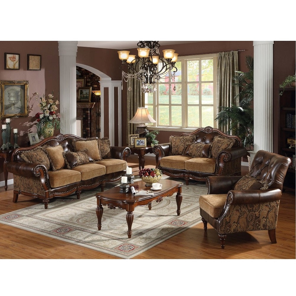 ACME Dreena Two Tone Brown Synthetic Leather & Chenille Loveseat with 3 Pillows Model 05496