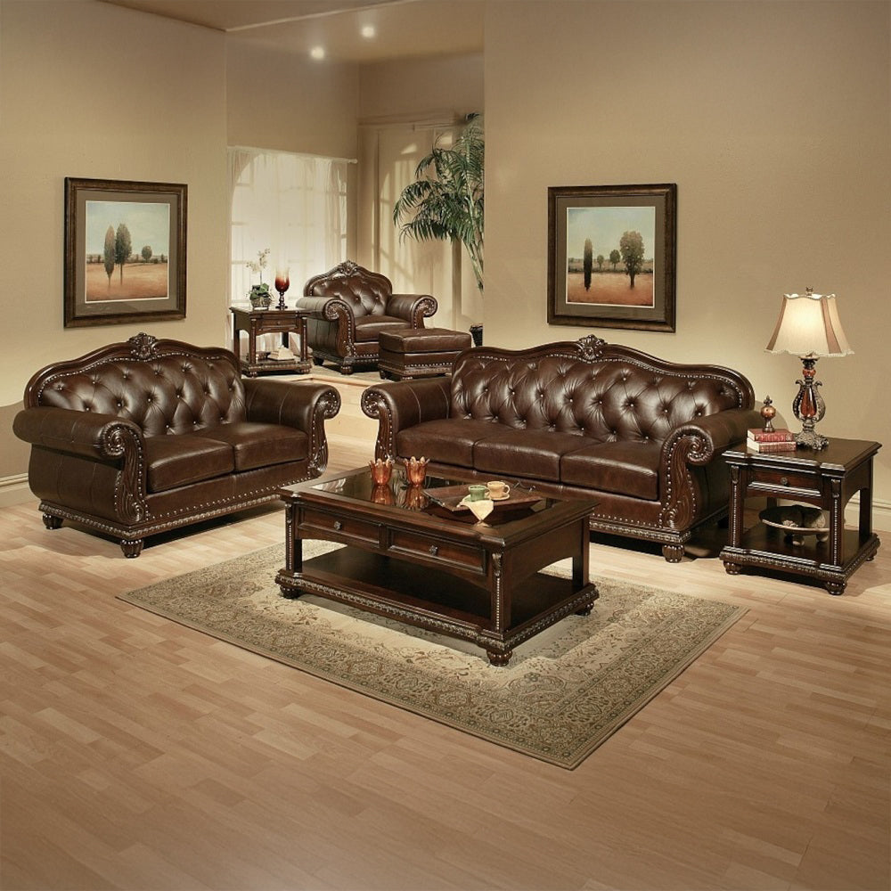 ACME Anondale Espresso Top Grain Leather Match & Cherry Ottoman Model 15034