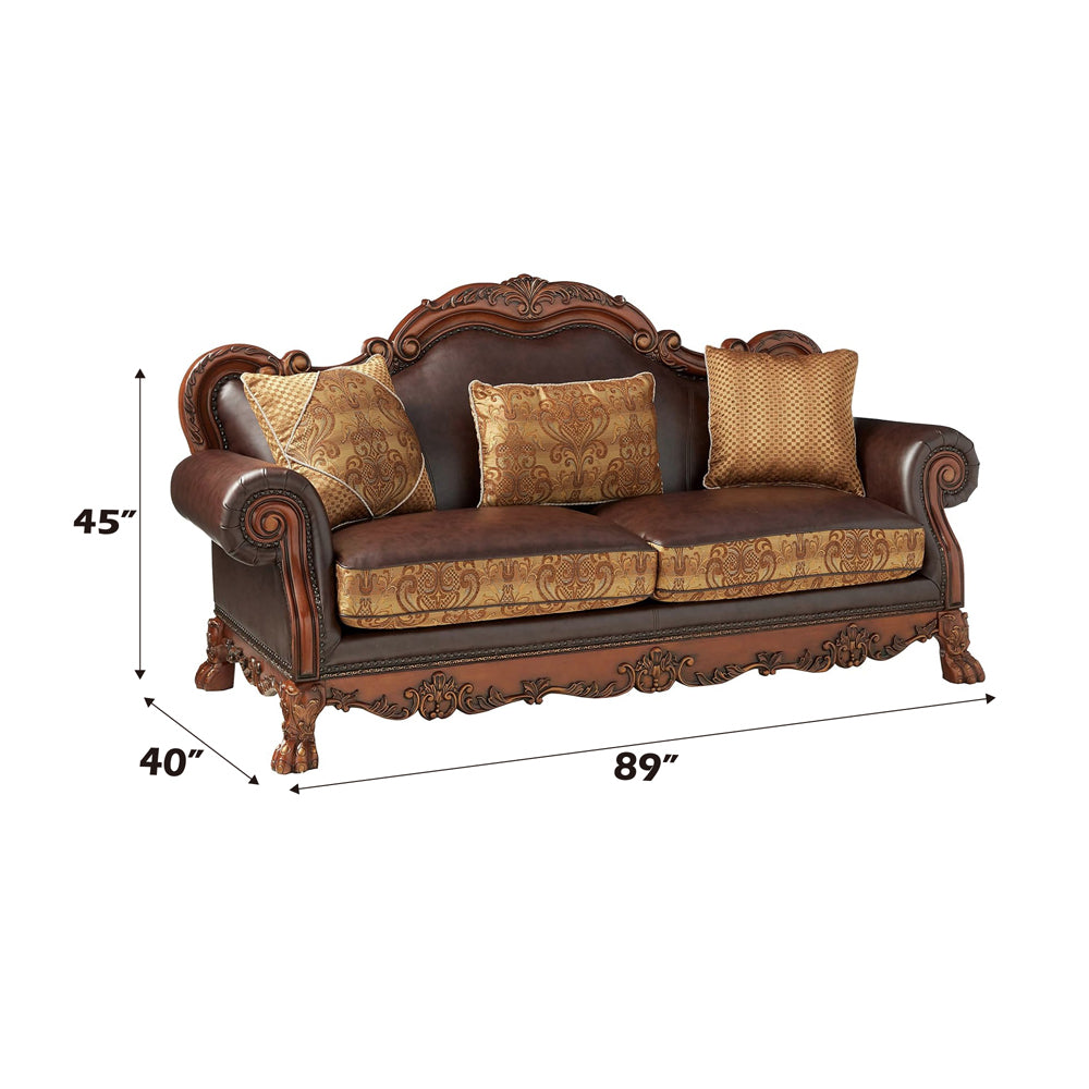 ACME Dresden Brown Synthetic Leather & Chenille Cherry Oak Sofa with 3 Pillows Model 15160
