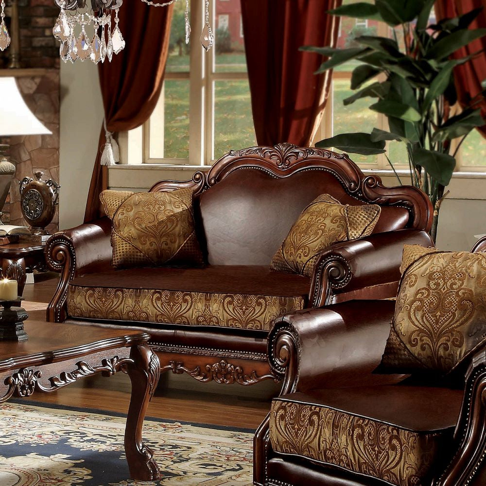 ACME Dresden Brown Synthetic Leather & Chenille Cherry Oak Loveseat with 2 Pillows Model 15161