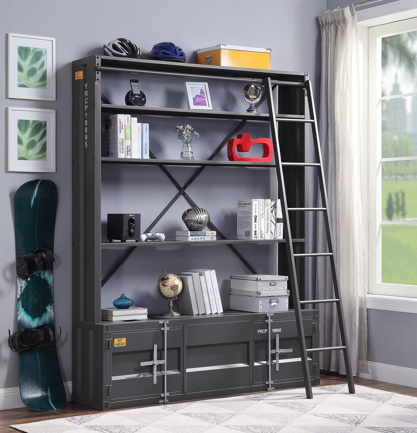 ACME Cargo Gunmetal Bookcase with Ladder Model 39887