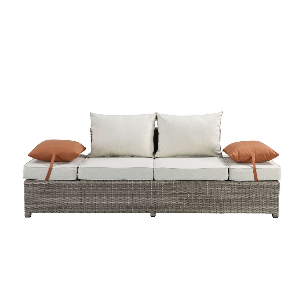 ACME Salena Beige Fabric & Gray Wicker Patio Sofa with 2 Pillows & Ottoman Model 45015