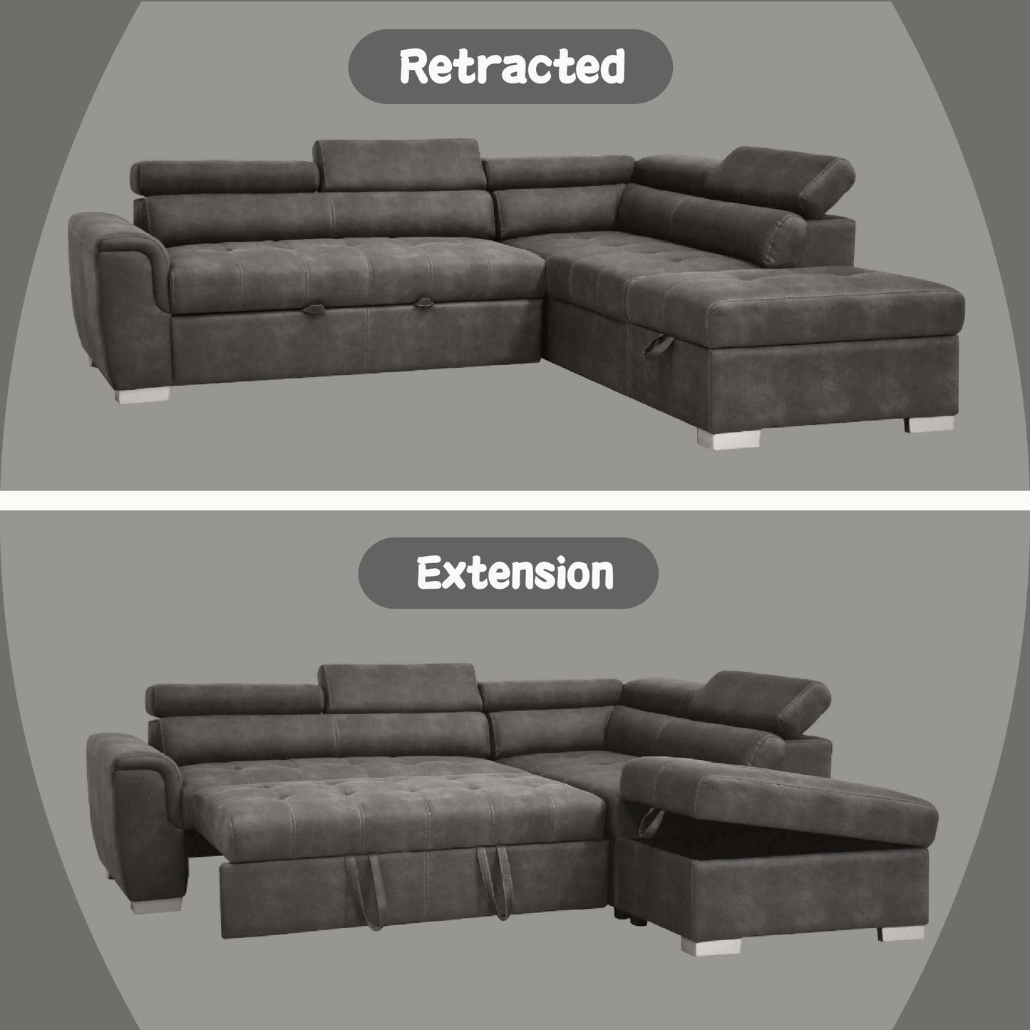 ACME Thelma Gray Polished Microfiber Sectional Sofa with Pull-Out Bed Model 50275