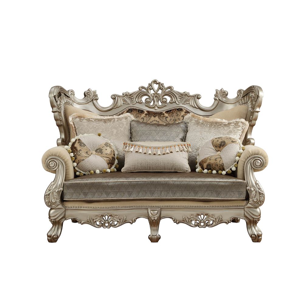 ACME Ranita Fabric & Champagne Loveseat with 6 Pillows Model 51041