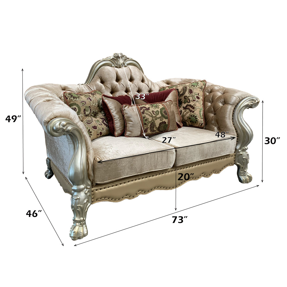 ACME Dresden Bone Velvet & Gold Patina Loveseat with 5 Pillows Model 52091