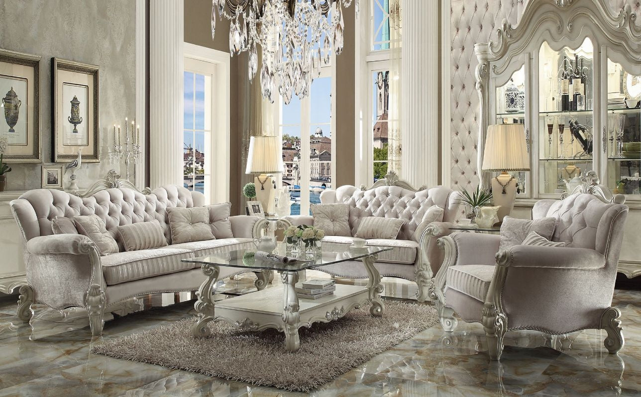 ACME Versailles Ivory Fabric & Bone White Loveseat with 3 Pillows Model 52106