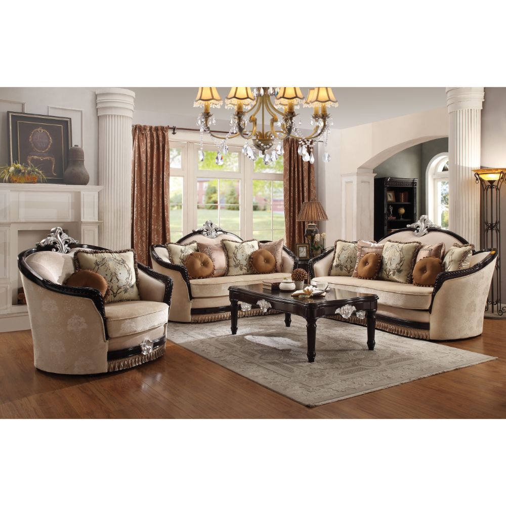 ACME Ernestine Tan Fabric & Black Loveseat with 6 Pillows Model 52111