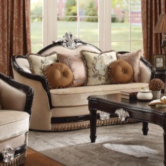 ACME Ernestine Tan Fabric & Black Loveseat with 6 Pillows Model 52111