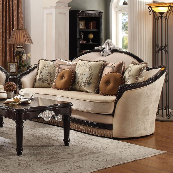 ACME Ernestine Tan Fabric & Black Sofa with 7 Pillows Model 52110