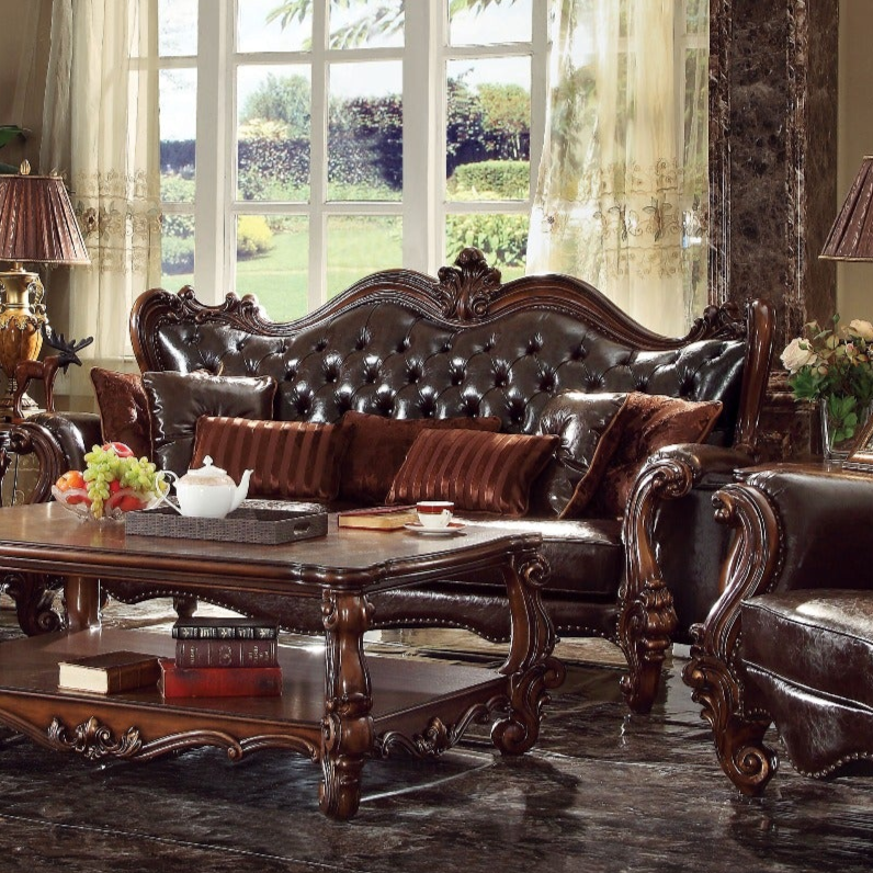 ACME Versailles Two Tone Dark Brown Synthetic Leather & Cherry Oak Sofa with 7 Pillows Model 52120