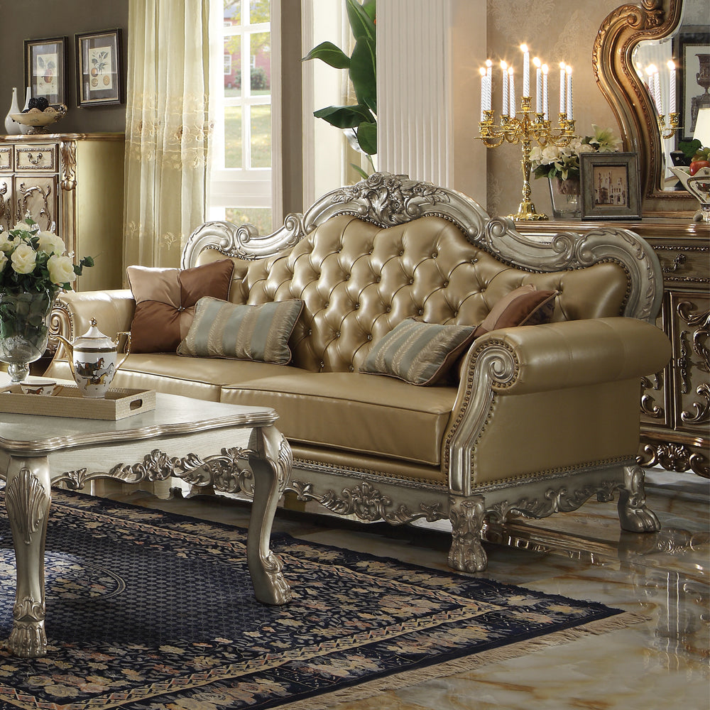 ACME Dresden Bone Synthetic Leather & Gold Patina Sofa with 4 Pillows Model 53160