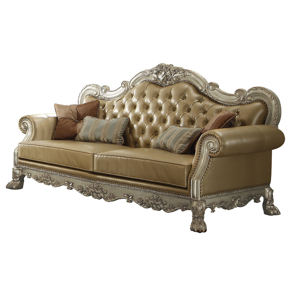 ACME Dresden Bone Synthetic Leather & Gold Patina Sofa with 4 Pillows Model 53160
