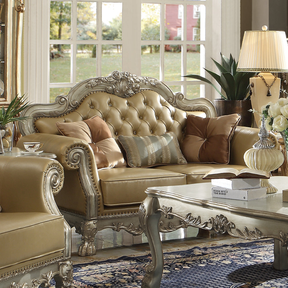 ACME Dresden Bone Synthetic Leather & Gold Patina Loveseat with 3 Pillows Model 53161