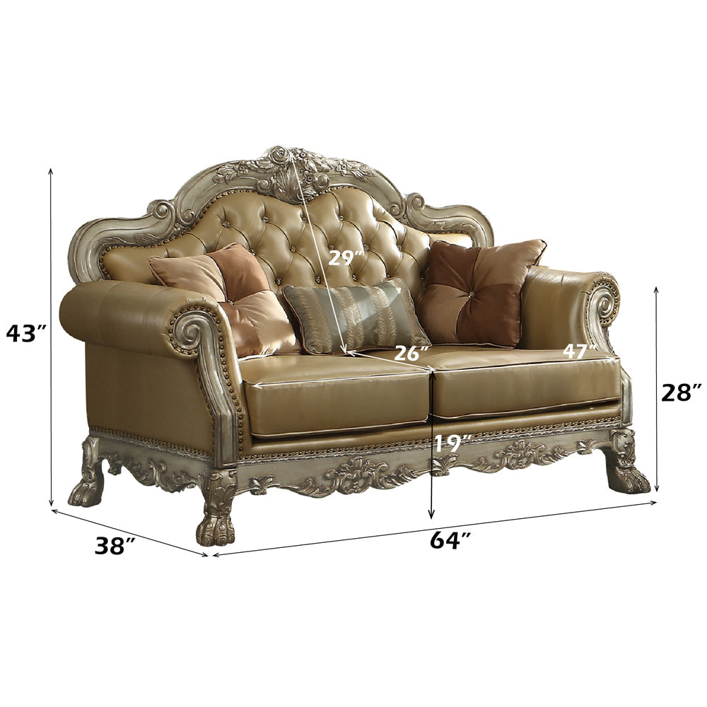 ACME Dresden Bone Synthetic Leather & Gold Patina Loveseat with 3 Pillows Model 53161