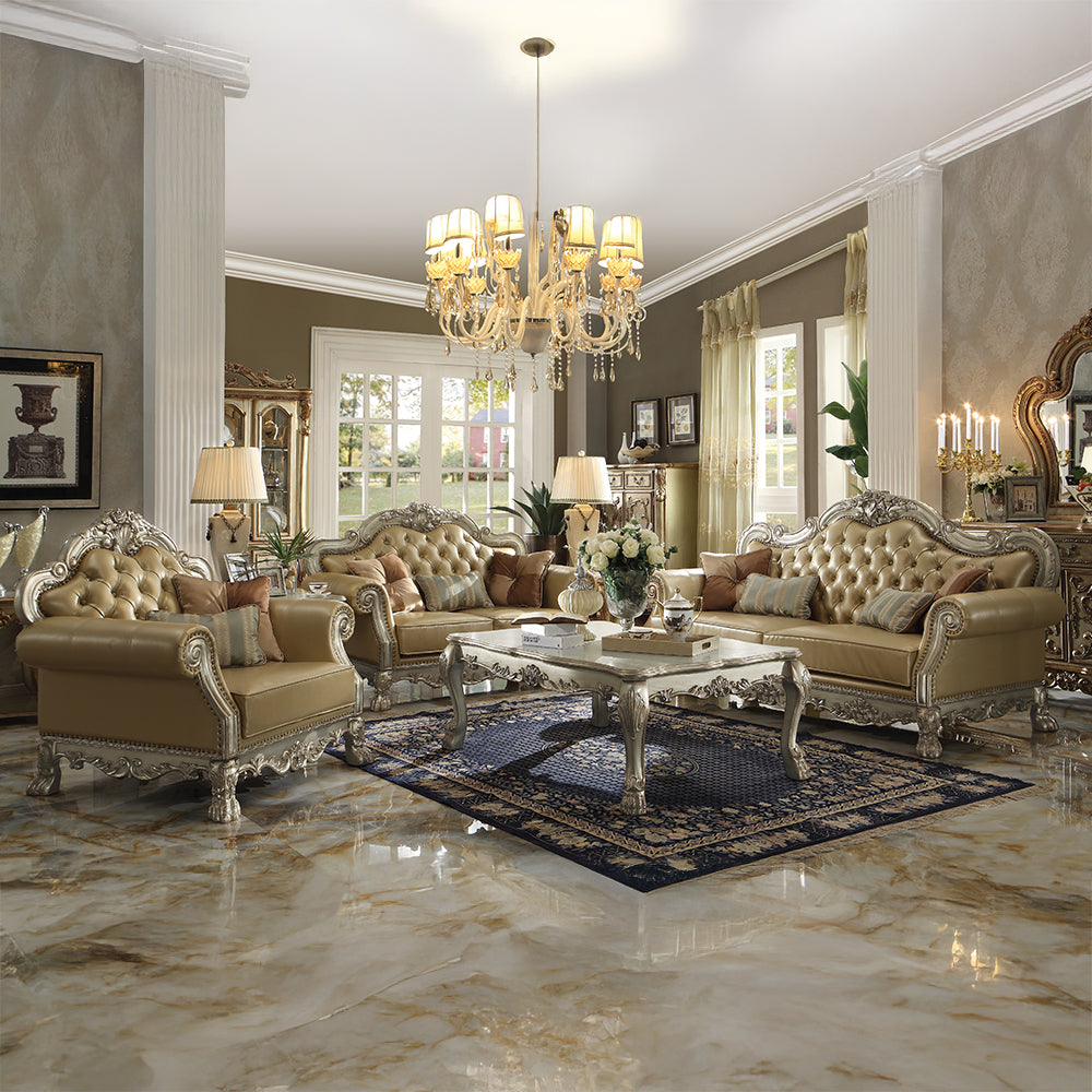 ACME Dresden Bone Synthetic Leather & Gold Patina Loveseat with 3 Pillows Model 53161