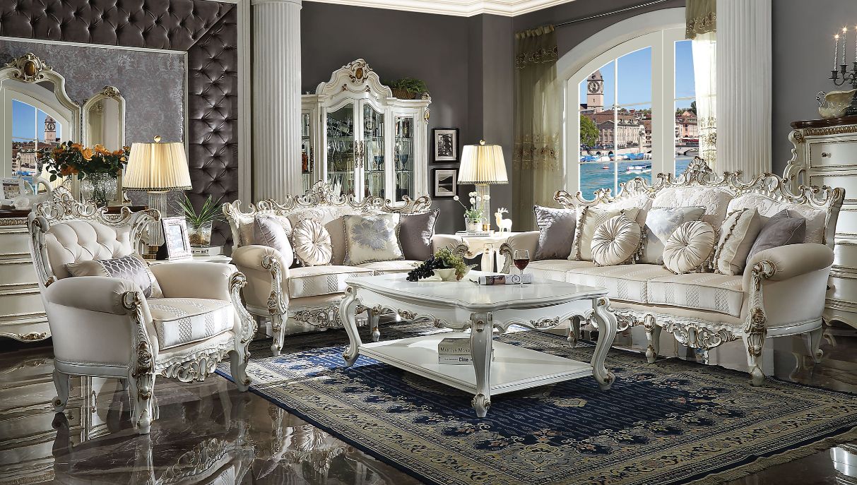 ACME Picardy II Fabric & Antique Pearl Sofa with 7 Pillows Model 53460