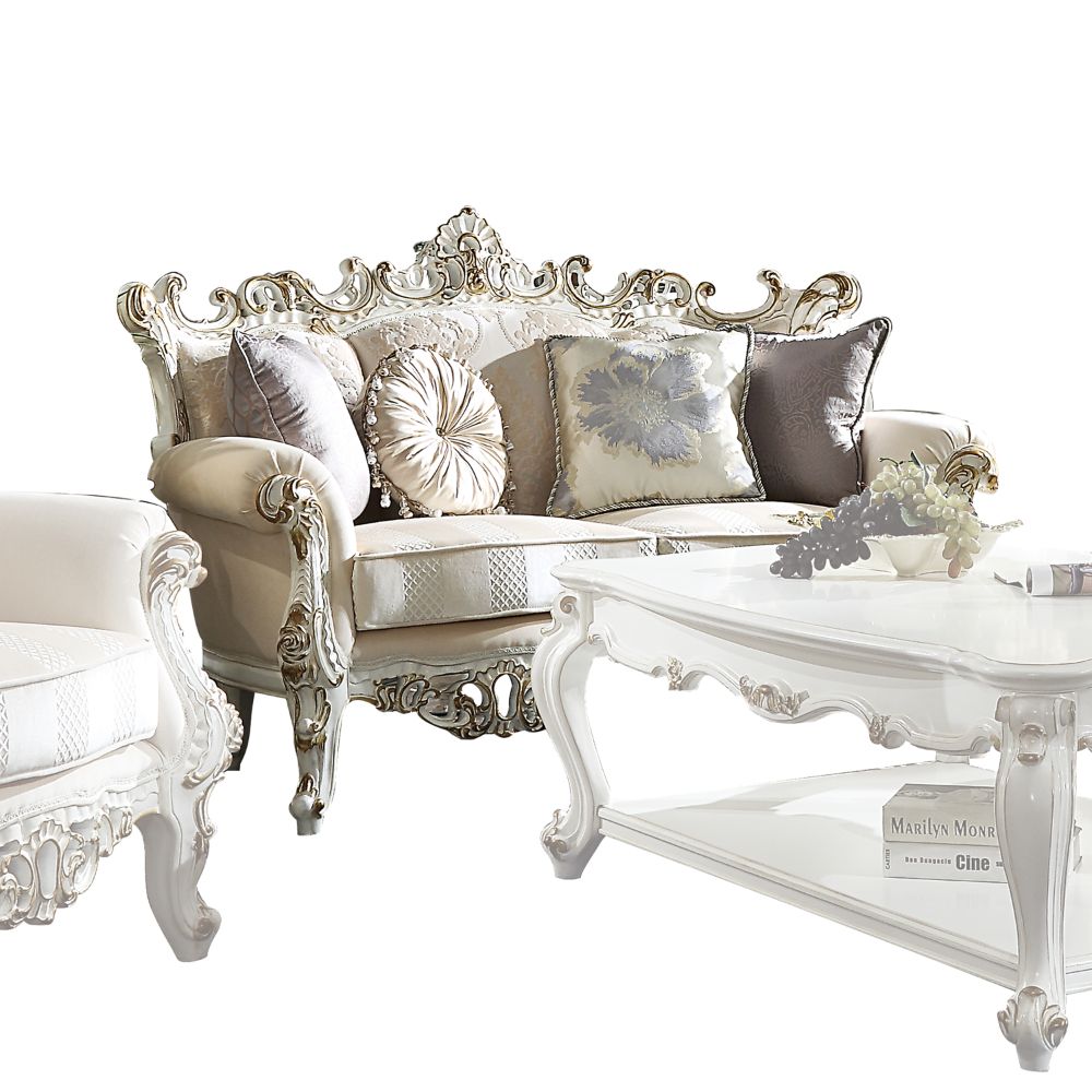 ACME Picardy II Fabric & Antique Pearl Loveseat with 4 Pillows Model 53461