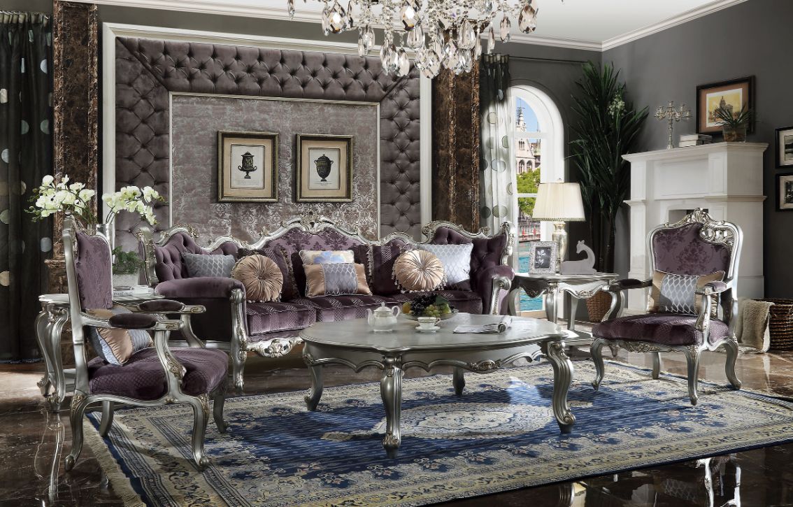 ACME Picardy Velvet & Antique Platinum Sofa with 8 Pillows Model 53465