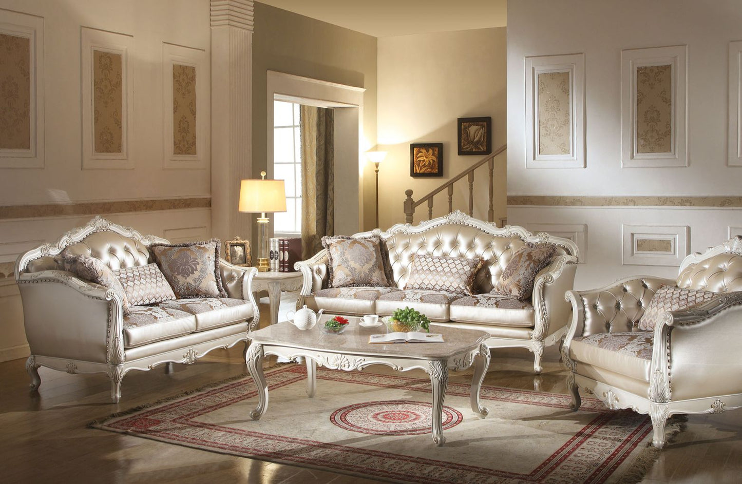 ACME Chantelle Rose Gold Synthetic Leather/Fabric & Pearl White Sofa with 3 Pillows Model 53540