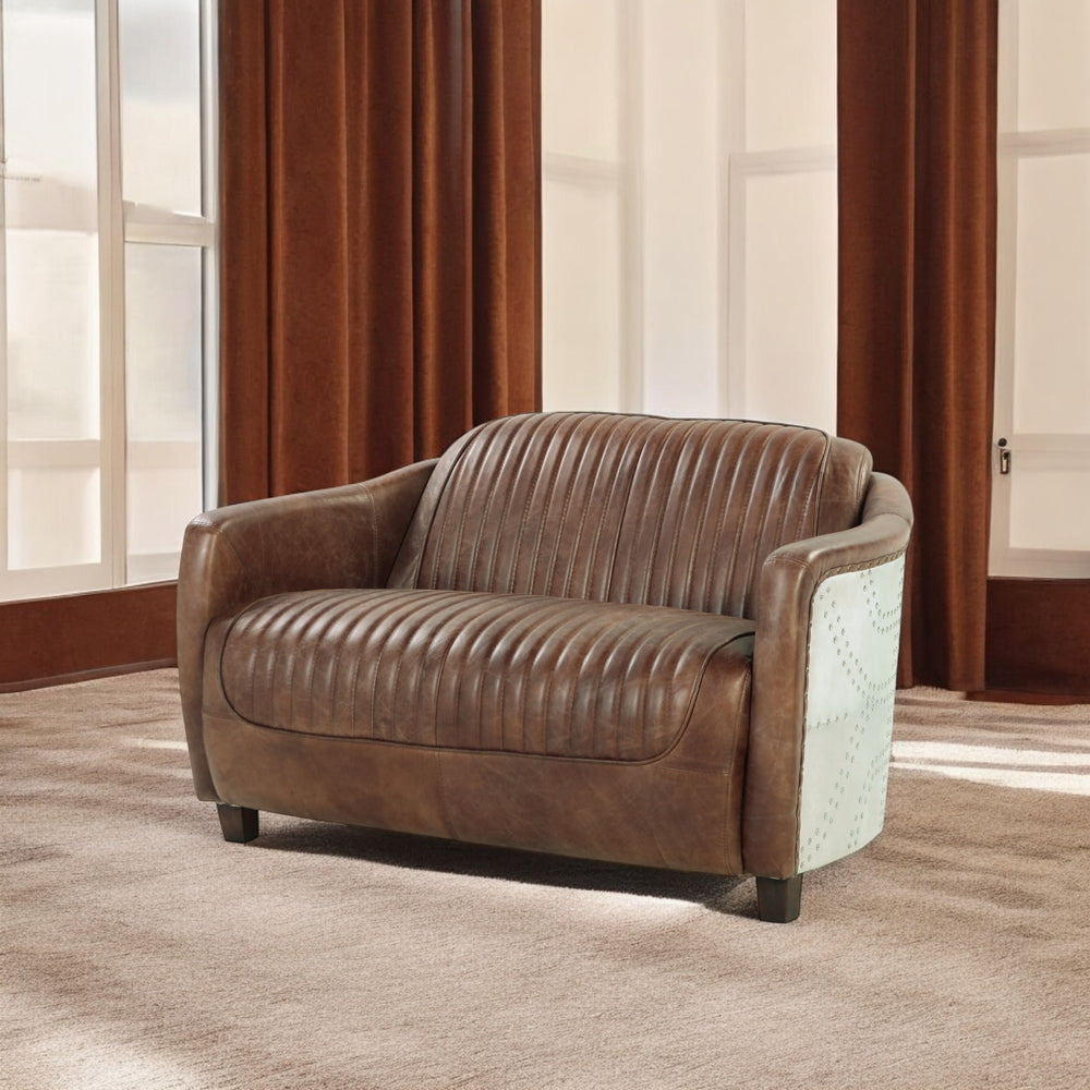 ACME Brancaster Retro Brown Top Grain Leather & Aluminum Loveseat Model 53546