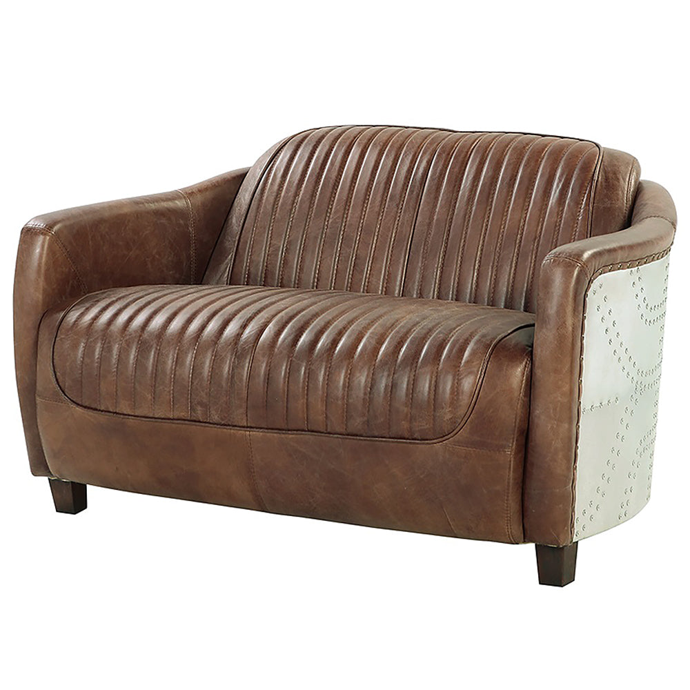 ACME Brancaster Retro Brown Top Grain Leather & Aluminum Loveseat Model 53546