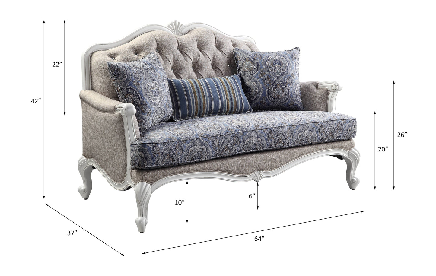 ACME Ciddrenar Fabric & White Loveseat with 3 Pillows Model 54311