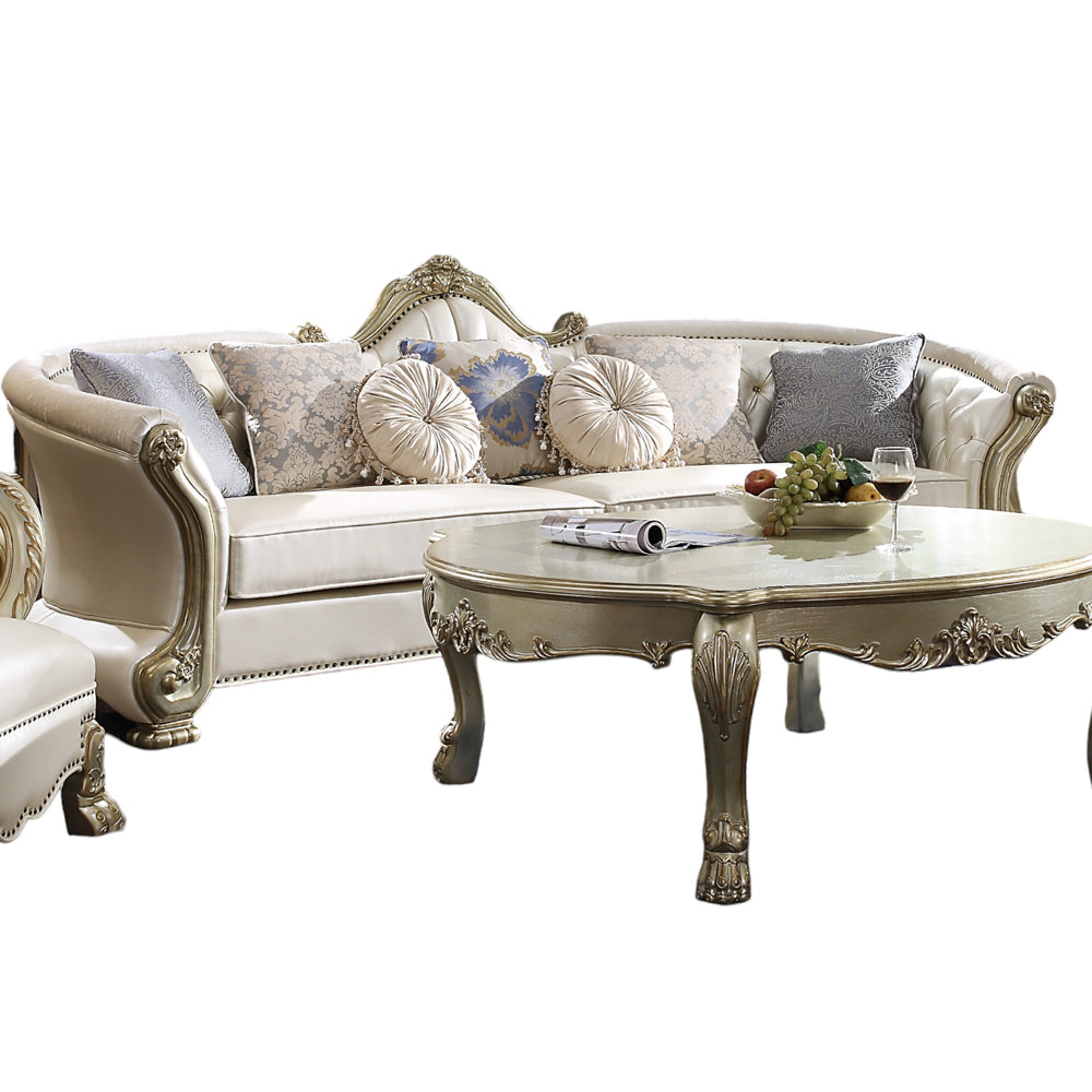 ACME Dresden II Pearl Synthetic Leather & Gold Patina Sofa with 7 Pillows Model 54875