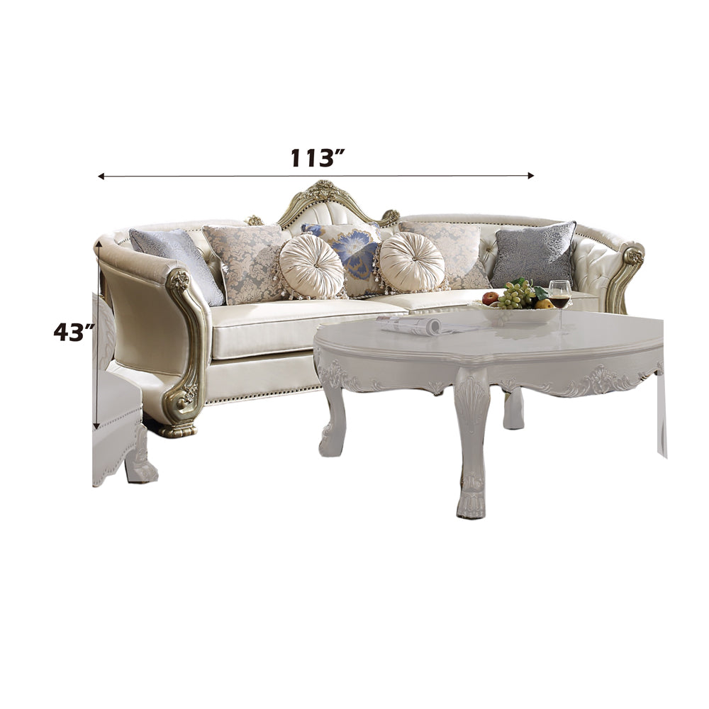 ACME Dresden II Pearl Synthetic Leather & Gold Patina Sofa with 7 Pillows Model 54875