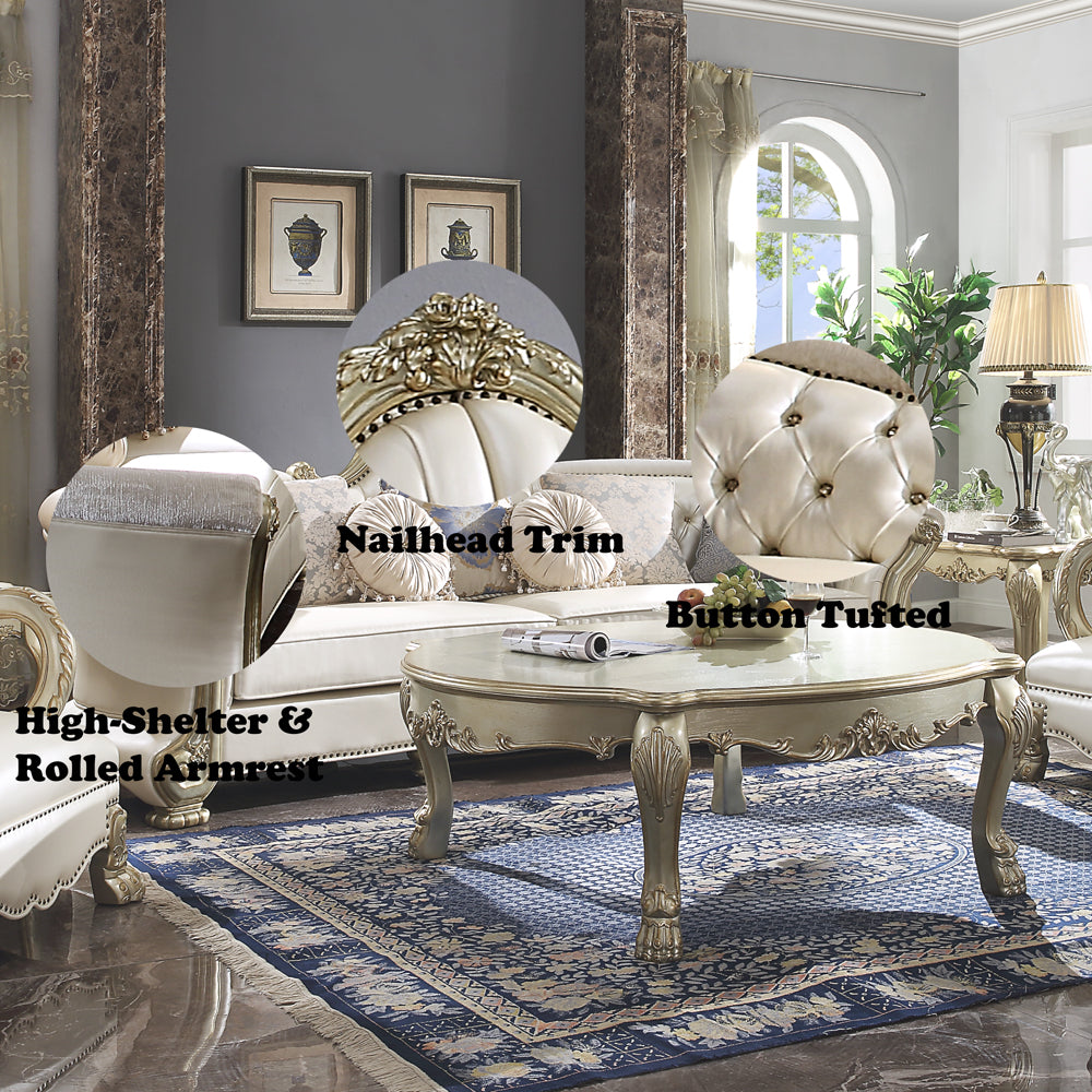 ACME Dresden II Pearl Synthetic Leather & Gold Patina Sofa with 7 Pillows Model 54875