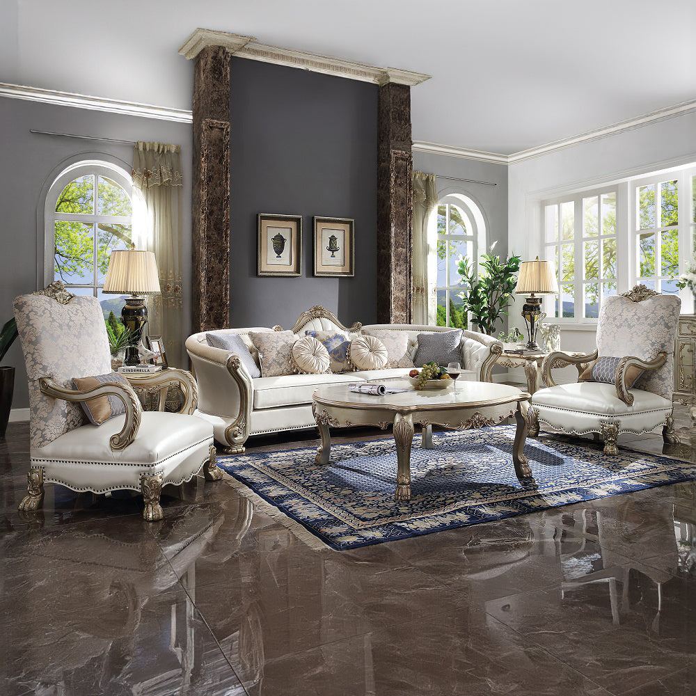 ACME Dresden II Pearl Synthetic Leather & Gold Patina Sofa with 7 Pillows Model 54875