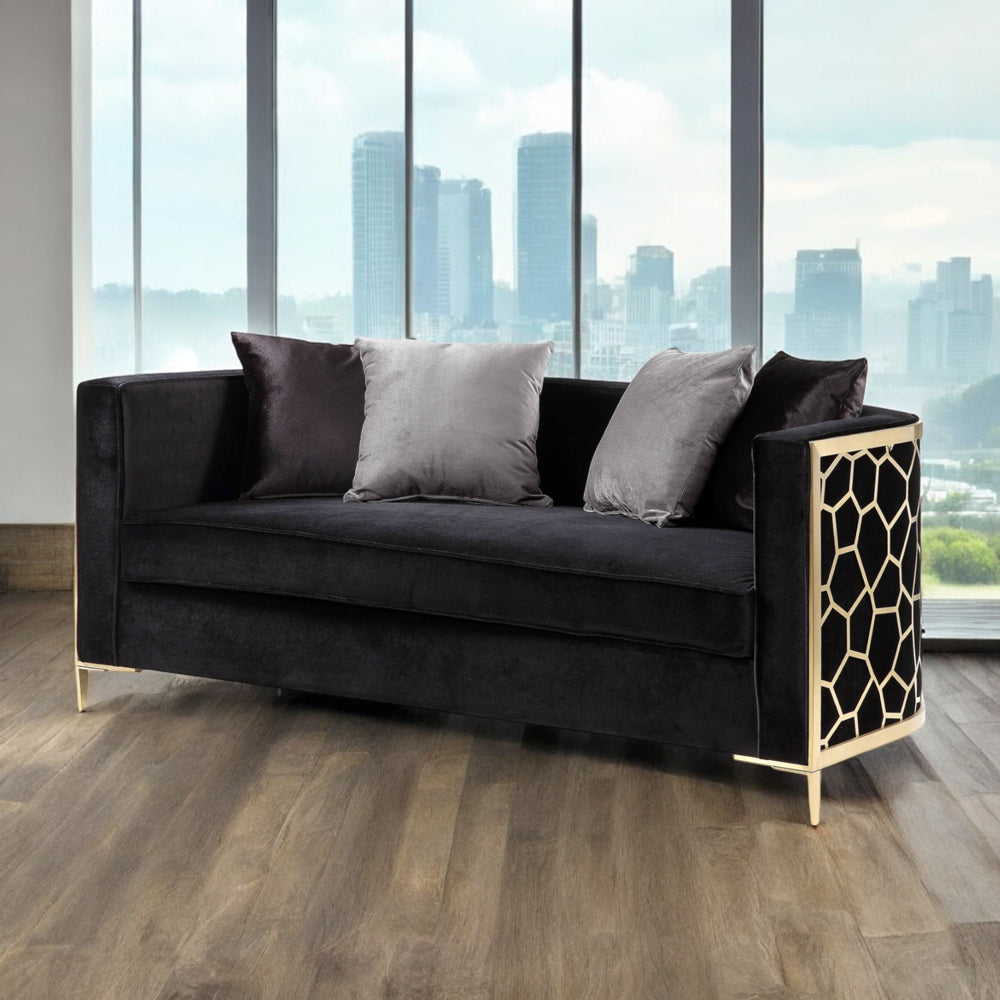 ACME Fergal Black Velvet & Gold Loveseat with 4 Pillows Model 55666
