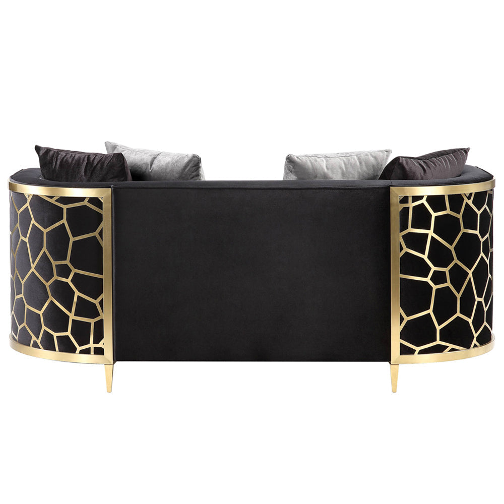 ACME Fergal Black Velvet & Gold Loveseat with 4 Pillows Model 55666