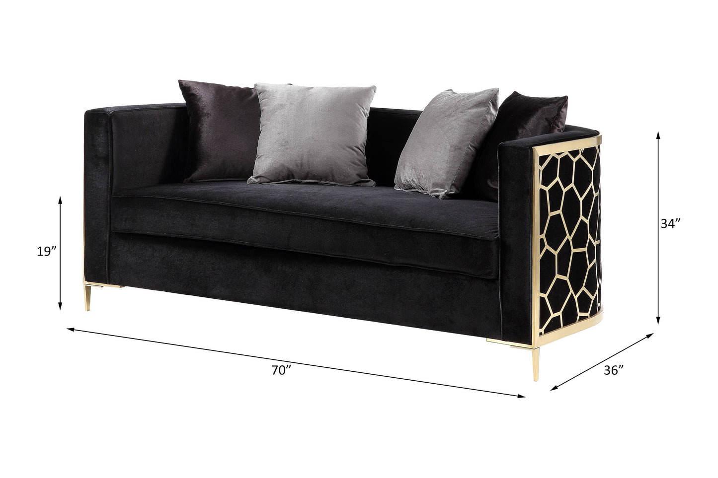 ACME Fergal Black Velvet & Gold Loveseat with 4 Pillows Model 55666
