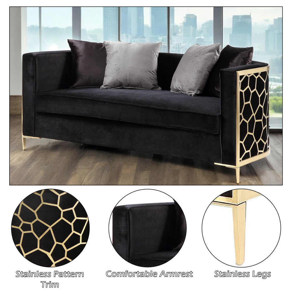 ACME Fergal Black Velvet & Gold Loveseat with 4 Pillows Model 55666