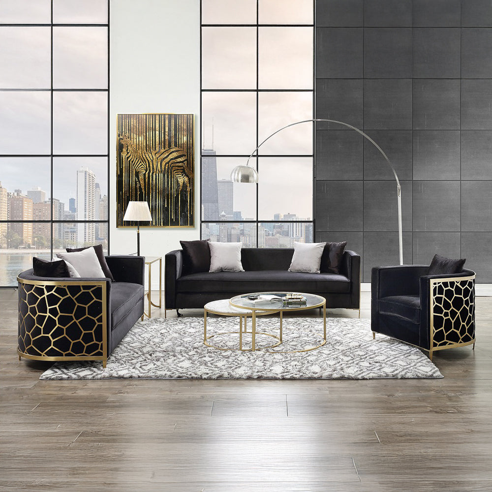 ACME Fergal Black Velvet & Gold Loveseat with 4 Pillows Model 55666