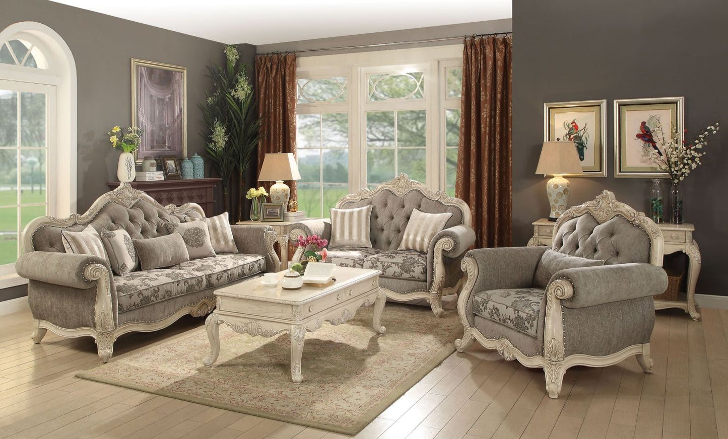 ACME Ragenardus Gray Fabric & Antique White Sofa with 5 Pillows Model 56020