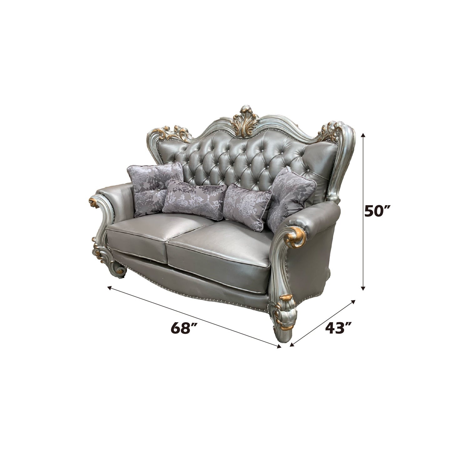 ACME Versailles Silver Synthetic Leather & Antique Platinum Loveseat with 4 Pillows Model 56821