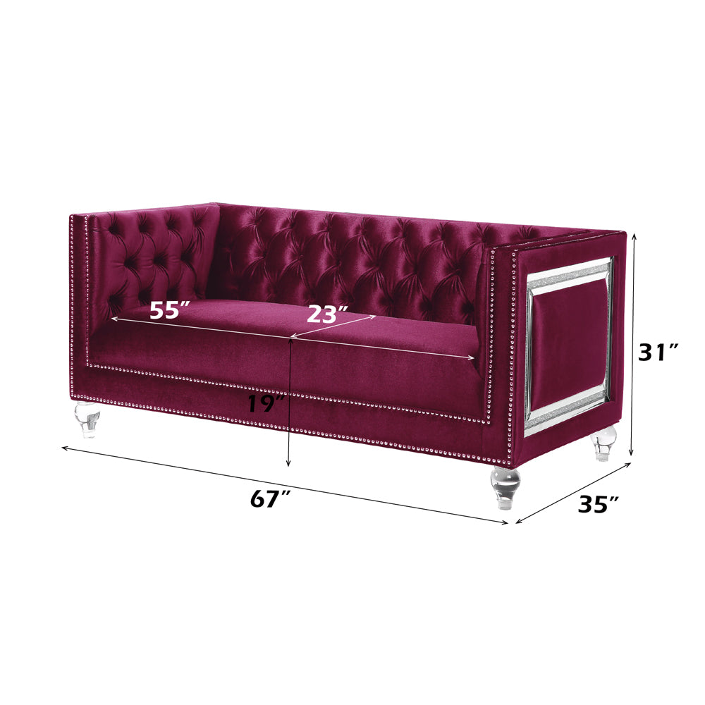 ACME Heibero Burgundy Velvet Loveseat with 2 Pillows (Same LV01401) Model 56896