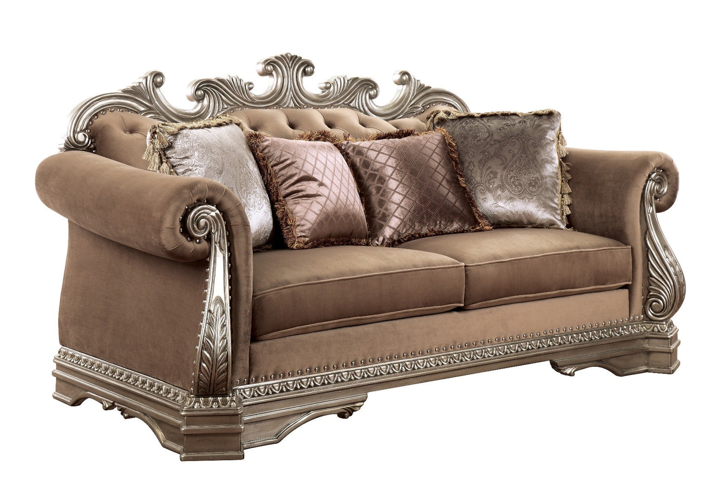 ACME Northville Velvet & Antique Silver Loveseat with 4 Pillows Model 56931