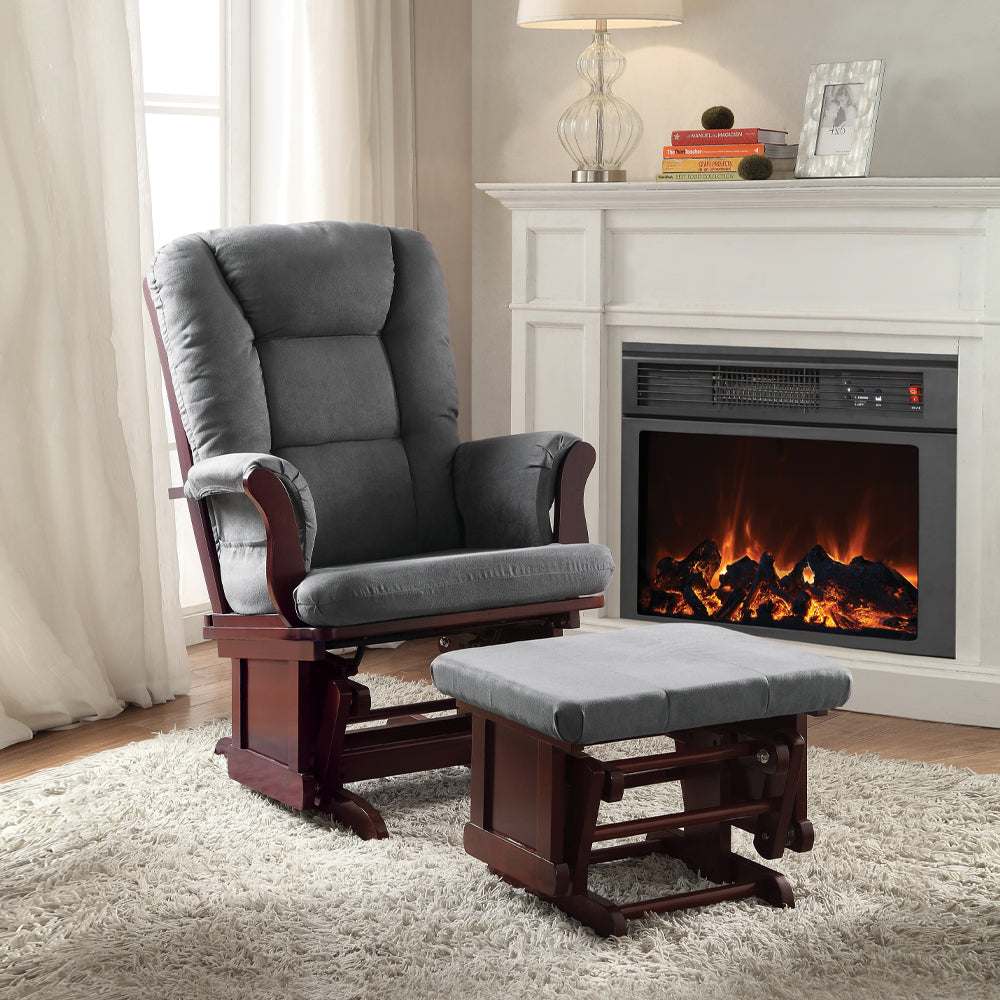 ACME Aeron Gray Microfiber & Cherry Glider Chair & Ottoman Model 59338