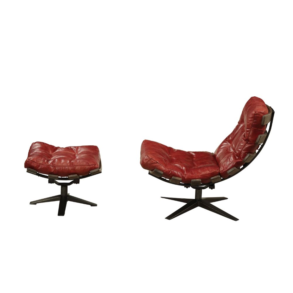 ACME Gandy Antique Red Top Grain Leather Chair & Ottoman Model 59531