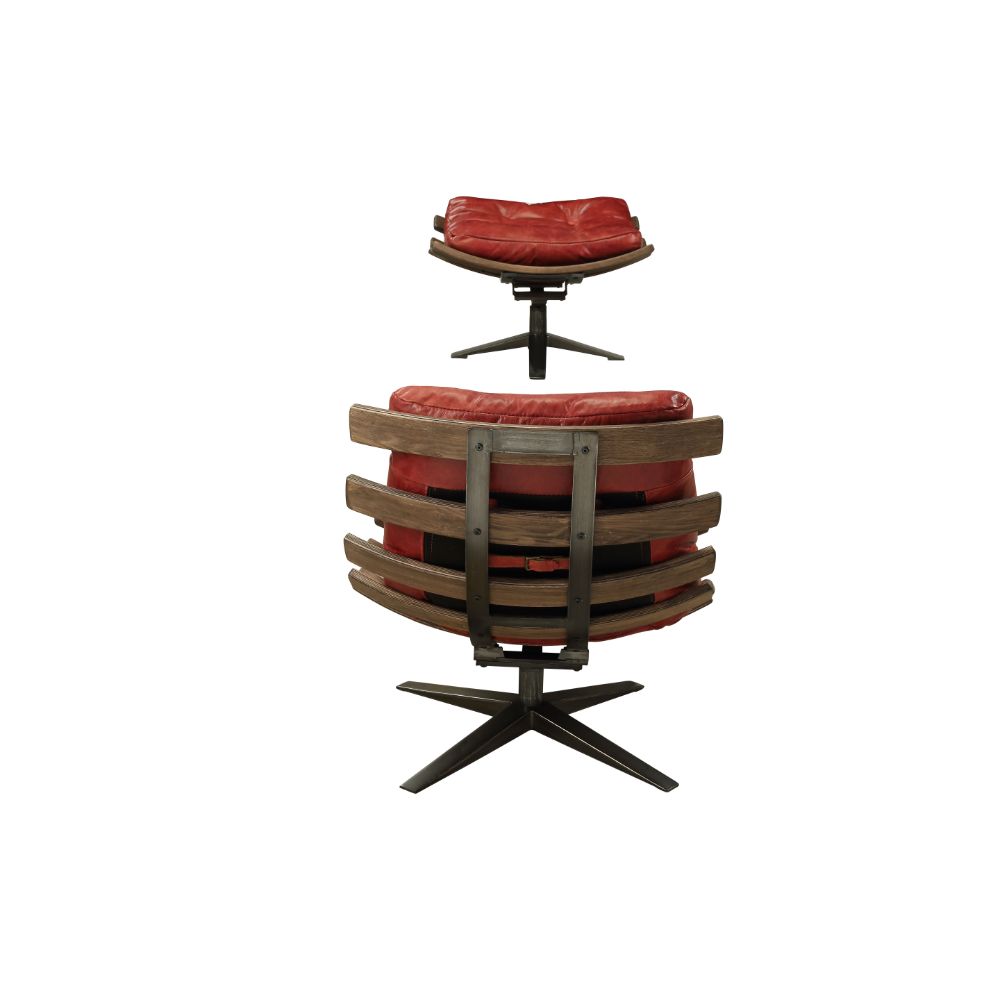 ACME Gandy Antique Red Top Grain Leather Chair & Ottoman Model 59531