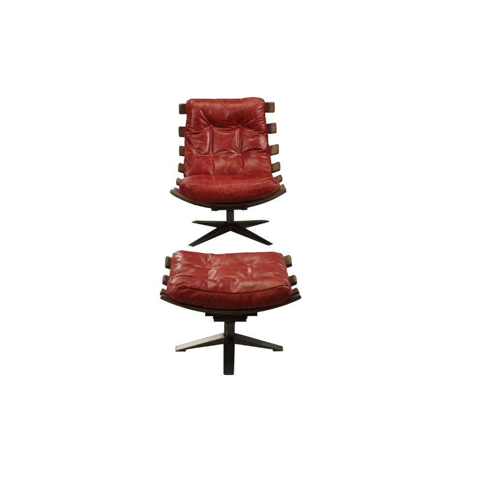 ACME Gandy Antique Red Top Grain Leather Chair & Ottoman Model 59531