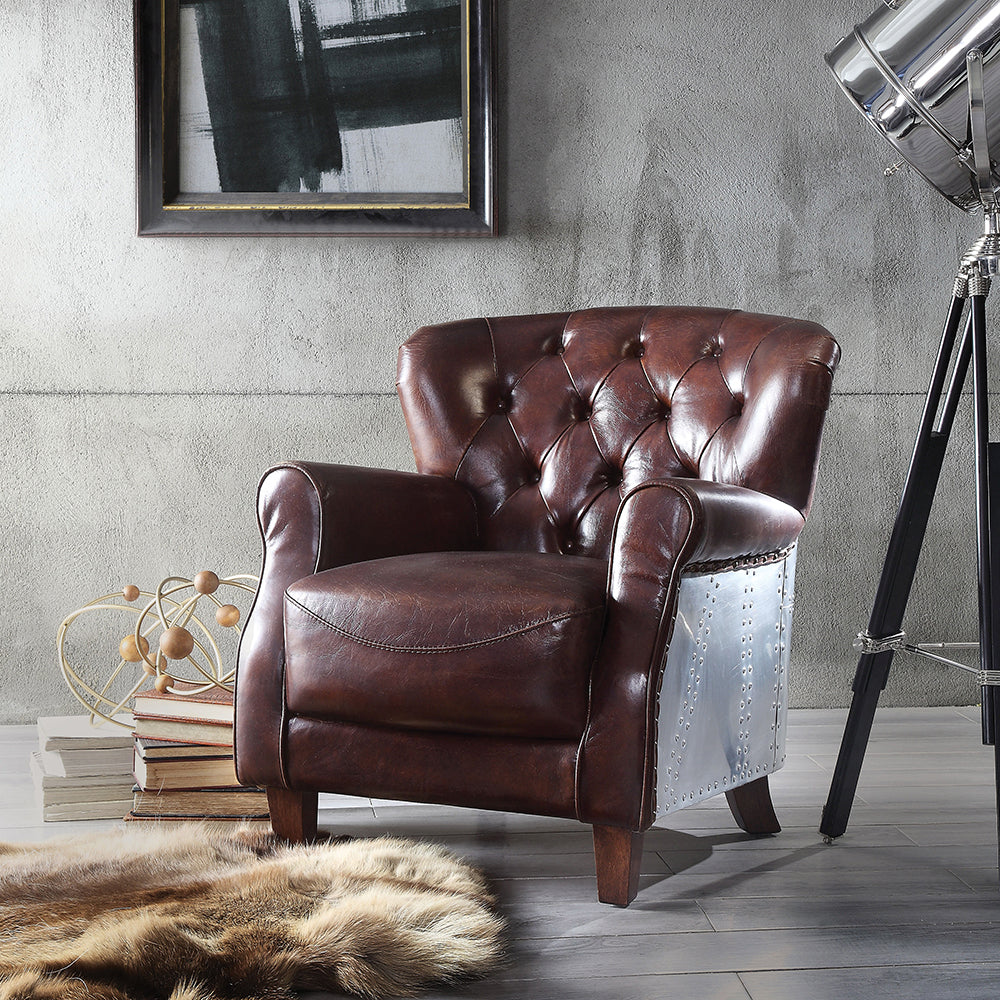 ACME Brancaster Vintage Brown & Aluminum Accent Chair Model 59830