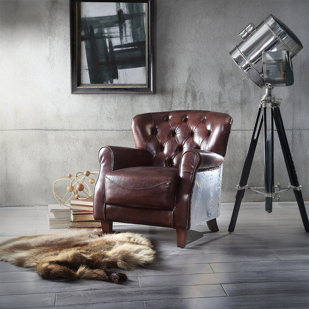 ACME Brancaster Vintage Brown & Aluminum Accent Chair Model 59830