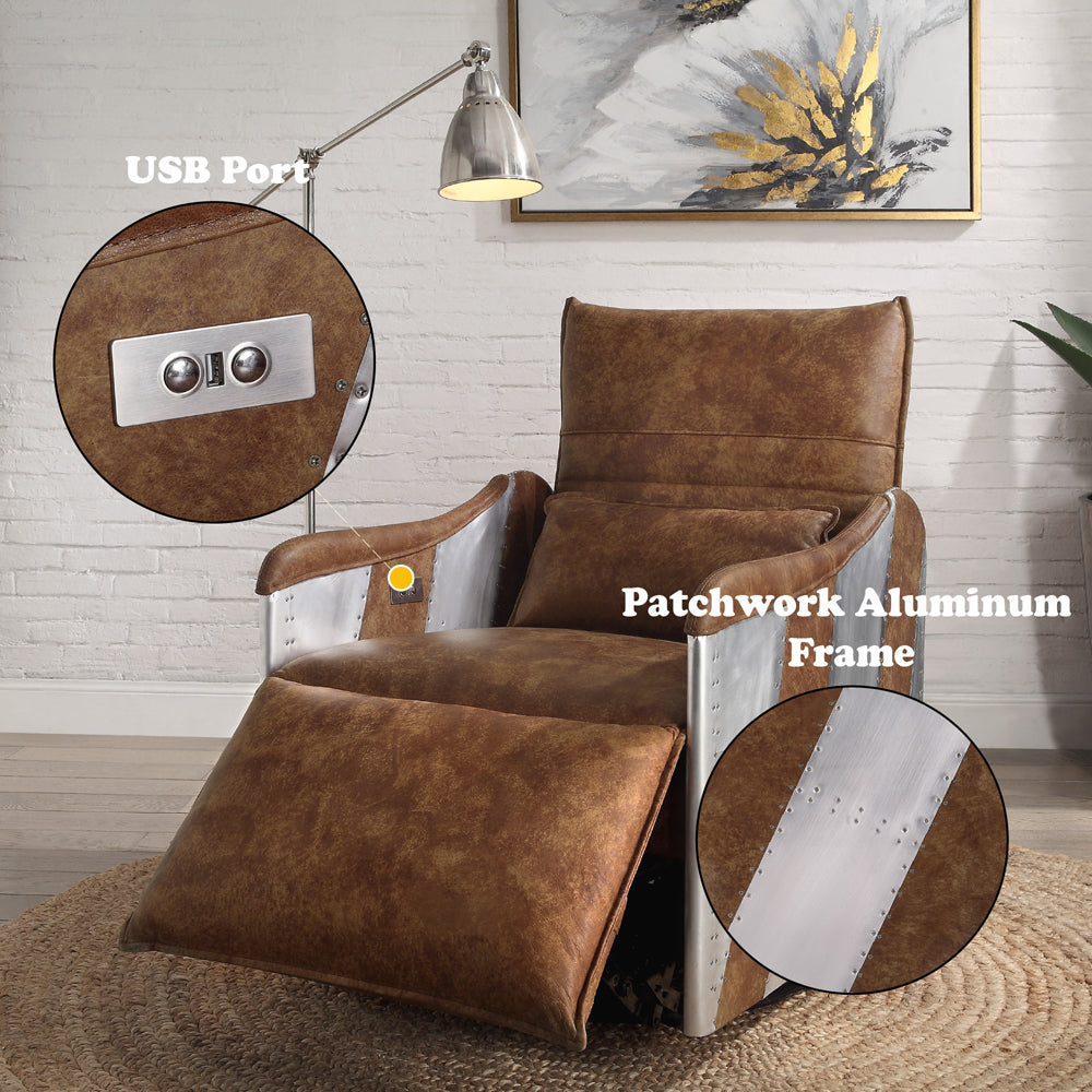 ACME Qalurne Two Tone Mocha Top Grain Leather & Aluminum Power Motion Recliner with Swivel Model 59942