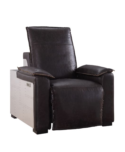 ACME Nernoss Dark Grain Brown Leather & Aluminum Power Motion Recliner Model 59943