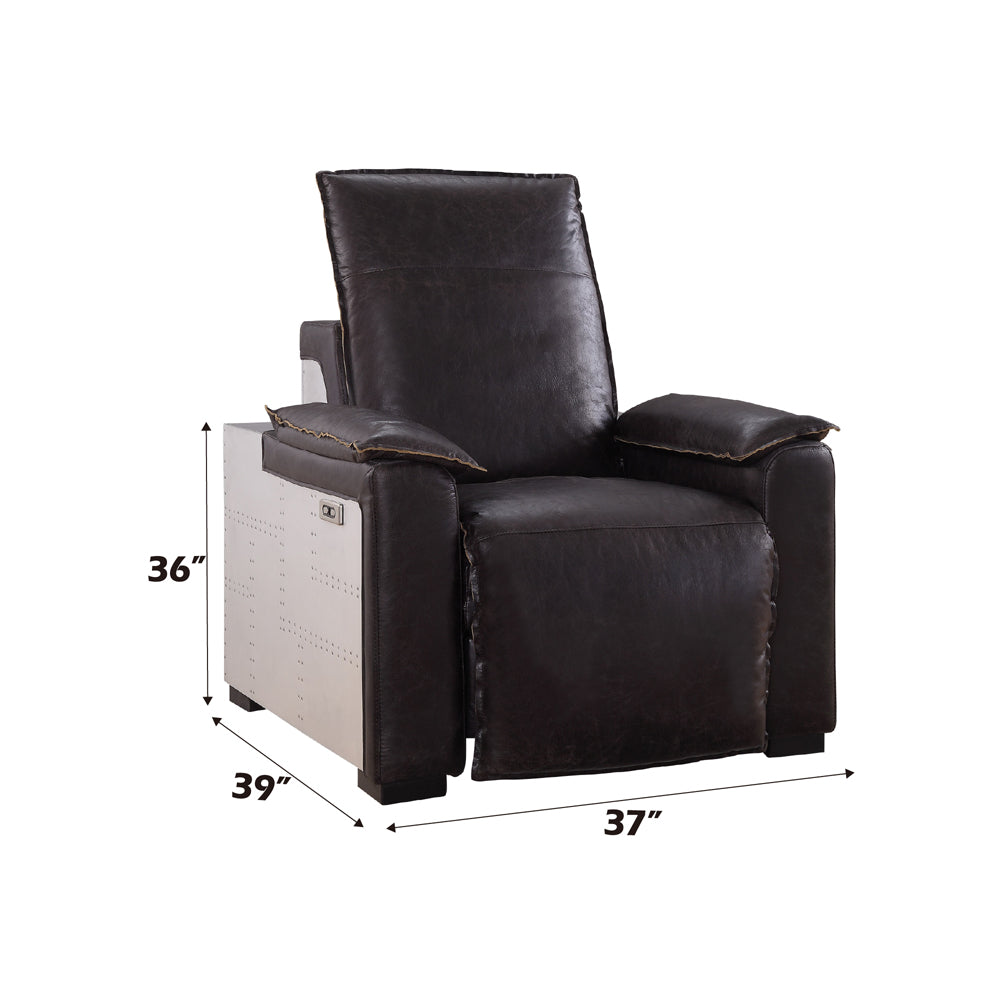 ACME Nernoss Dark Grain Brown Leather & Aluminum Power Motion Recliner Model 59943